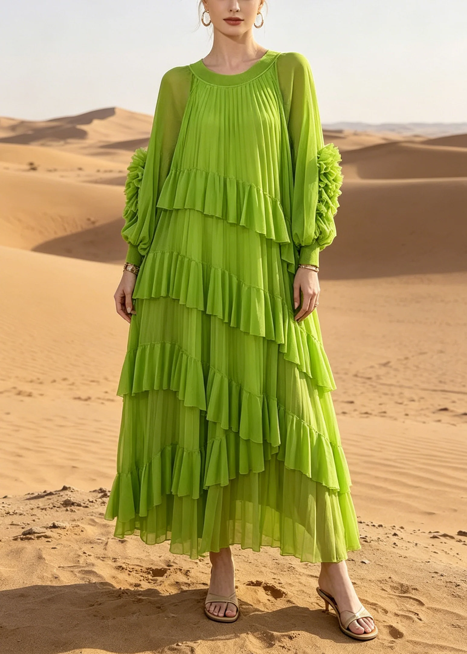 Women Green Oversized Ruffles Chiffon Vacation Dress Summer - Image 5