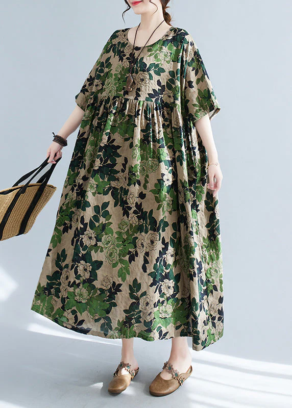 Women Green Patchwork Print Cotton Maxi Dress Short Sleeve - Image 3