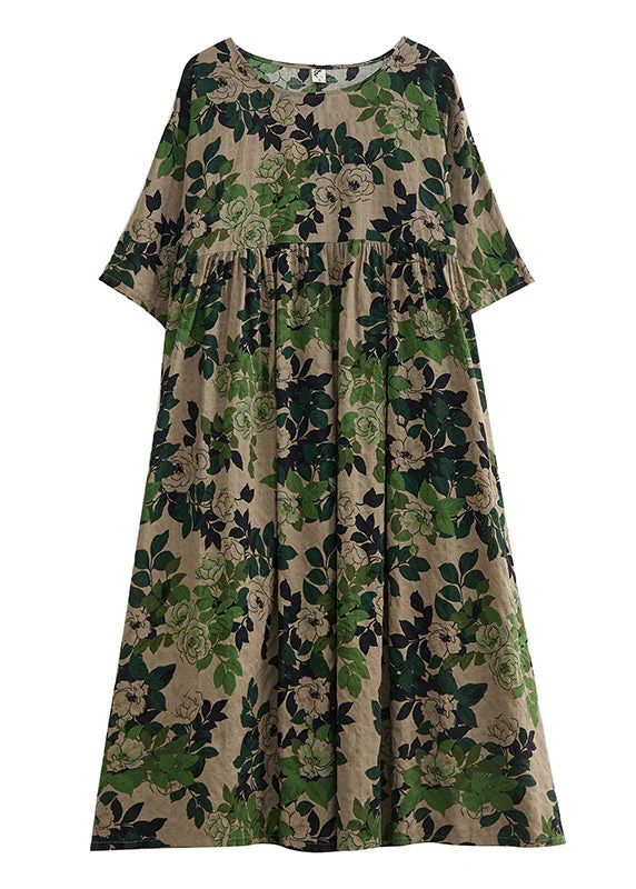 Women Green Patchwork Print Cotton Maxi Dress Short Sleeve - Image 5
