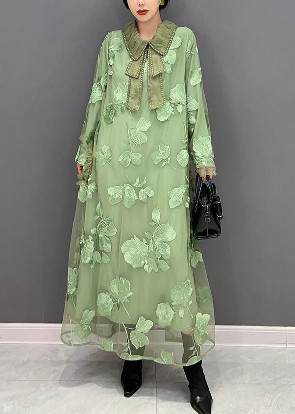 Women Green Peter Pan Collar Embroideried Patchwork Tulle Long Dresses Long Sleeve - Image 2
