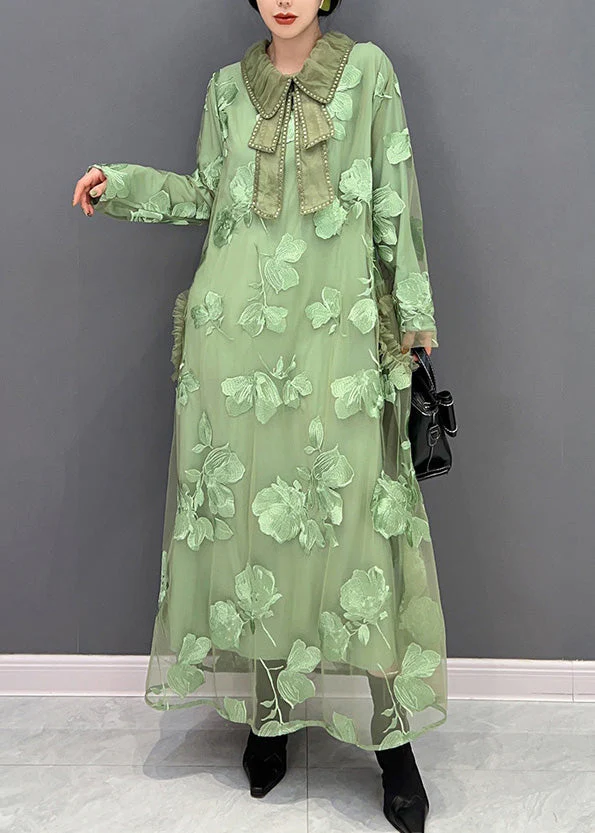 Women Green Peter Pan Collar Embroideried Patchwork Tulle Long Dresses Long Sleeve - Image 3