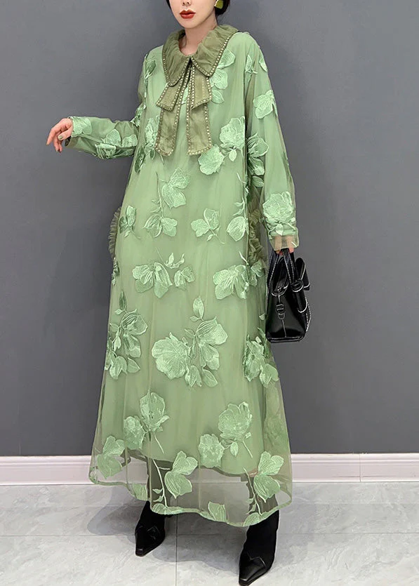 Women Green Peter Pan Collar Embroideried Patchwork Tulle Long Dresses Long Sleeve - Image 4
