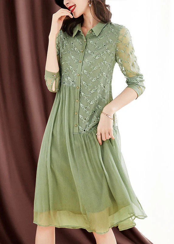 Women Green Peter Pan Collar Embroideried Patchwork Wrinkled Silk Long Dresses Long Sleeve - Image 2
