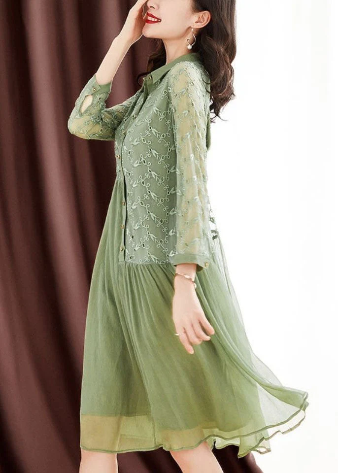 Women Green Peter Pan Collar Embroideried Patchwork Wrinkled Silk Long Dresses Long Sleeve - Image 3