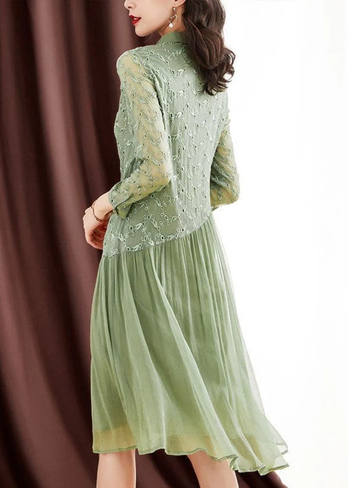 Women Green Peter Pan Collar Embroideried Patchwork Wrinkled Silk Long Dresses Long Sleeve - Image 4