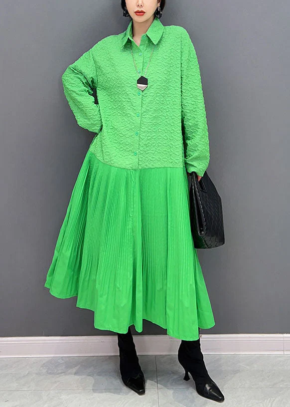 Women Green Peter Pan Collar Patchwork Jacquard Pleated Dress Spring - Image 2
