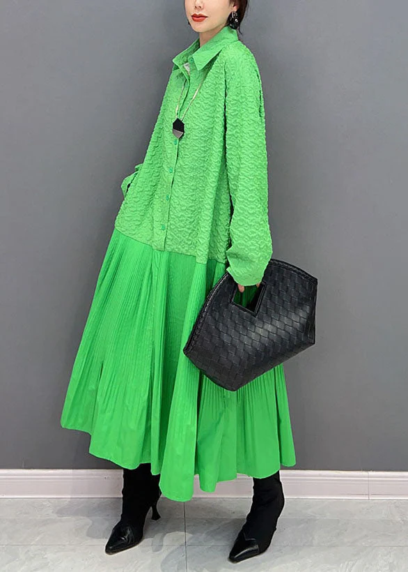 Women Green Peter Pan Collar Patchwork Jacquard Pleated Dress Spring - Image 3