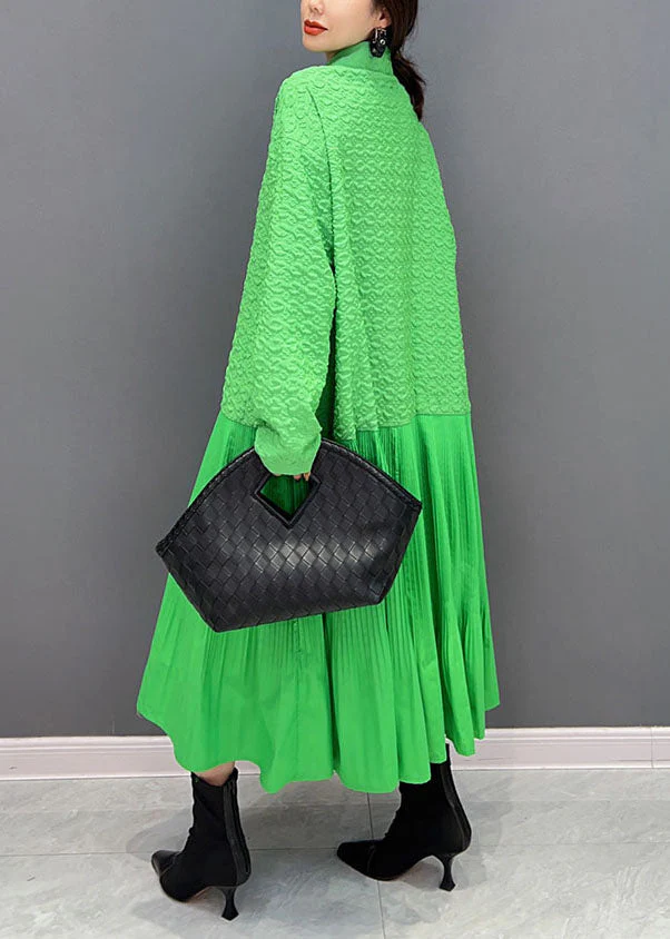 Women Green Peter Pan Collar Patchwork Jacquard Pleated Dress Spring - Image 4