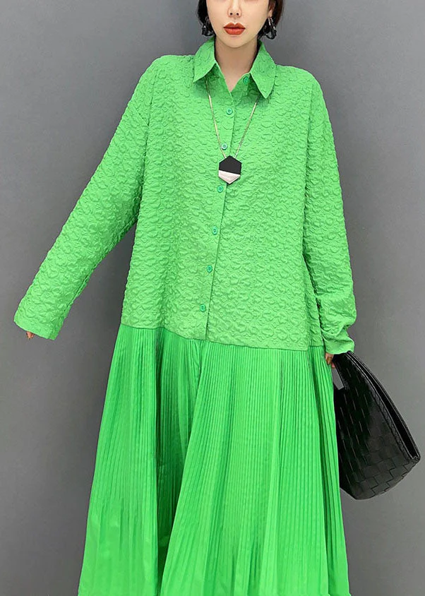 Women Green Peter Pan Collar Patchwork Jacquard Pleated Dress Spring - Image 5