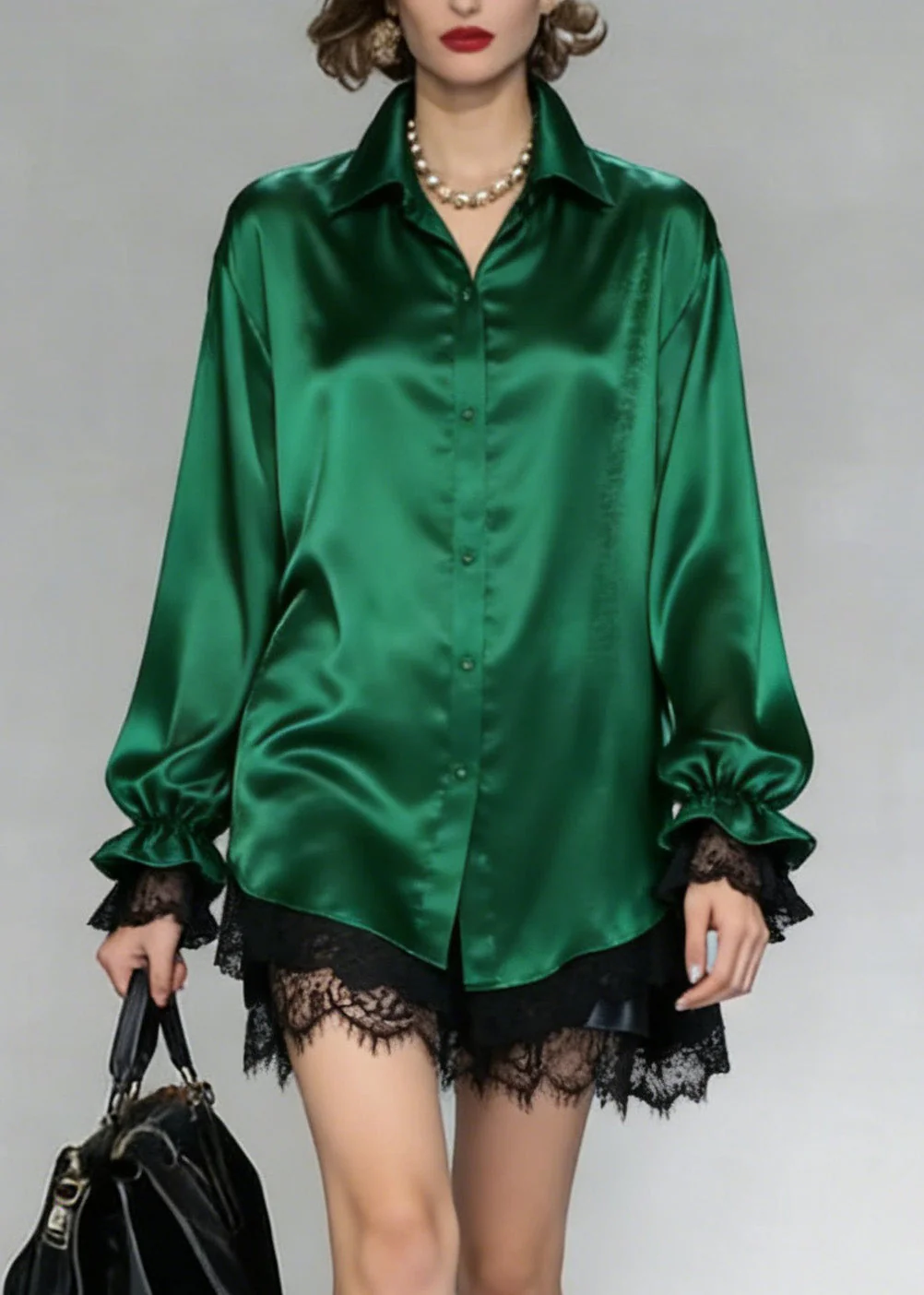 Women Green Peter Pan Collar Patchwork Silk Shirt Spring - Image 3