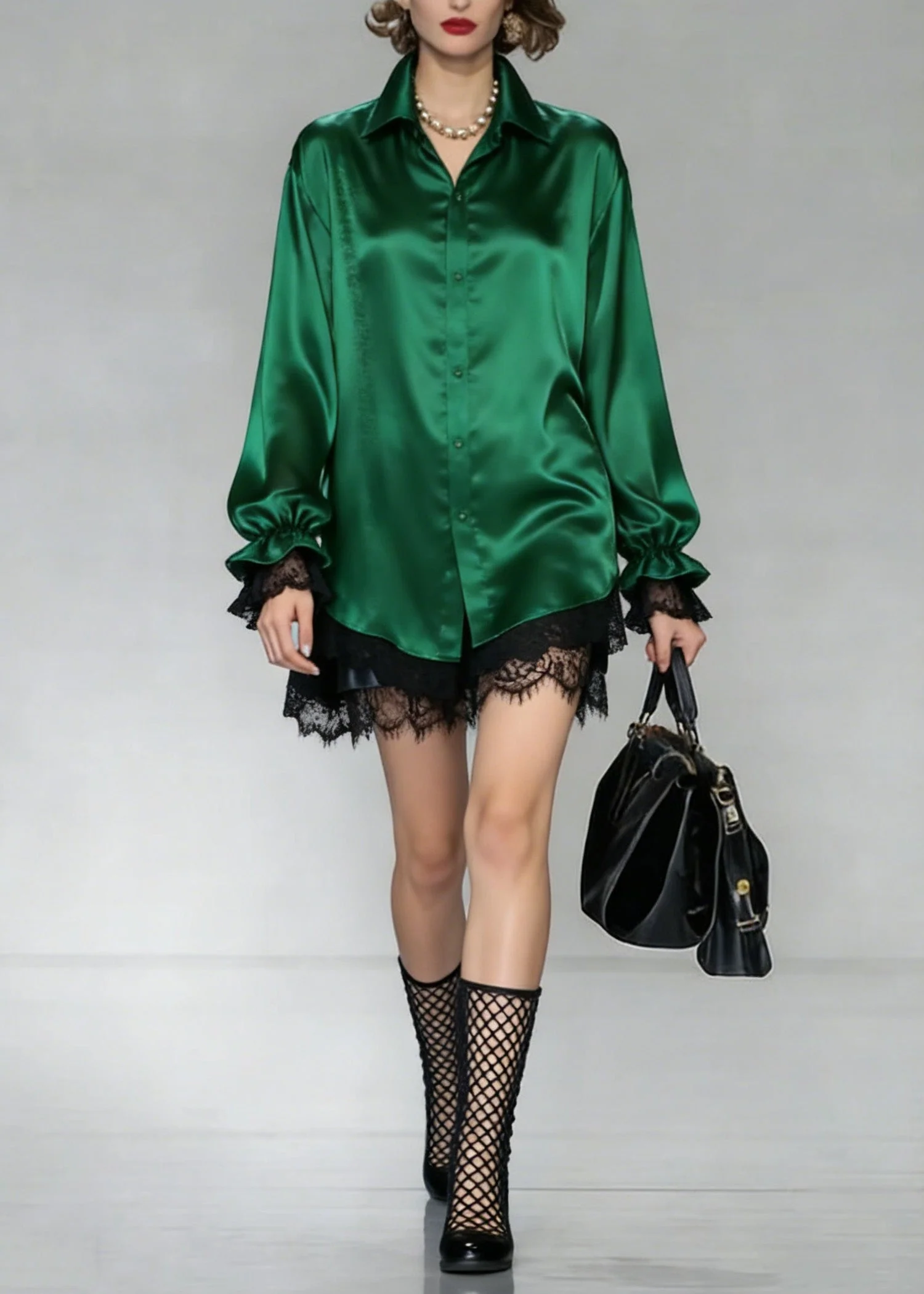 Women Green Peter Pan Collar Patchwork Silk Shirt Spring - Image 4