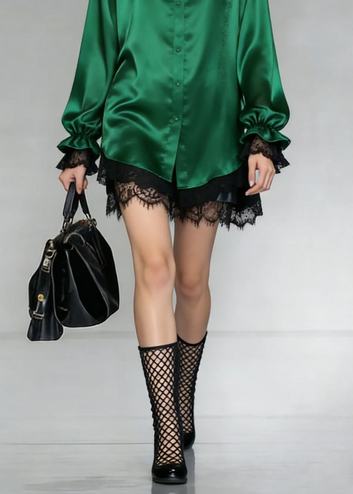 Women Green Peter Pan Collar Patchwork Silk Shirt Spring - Image 5