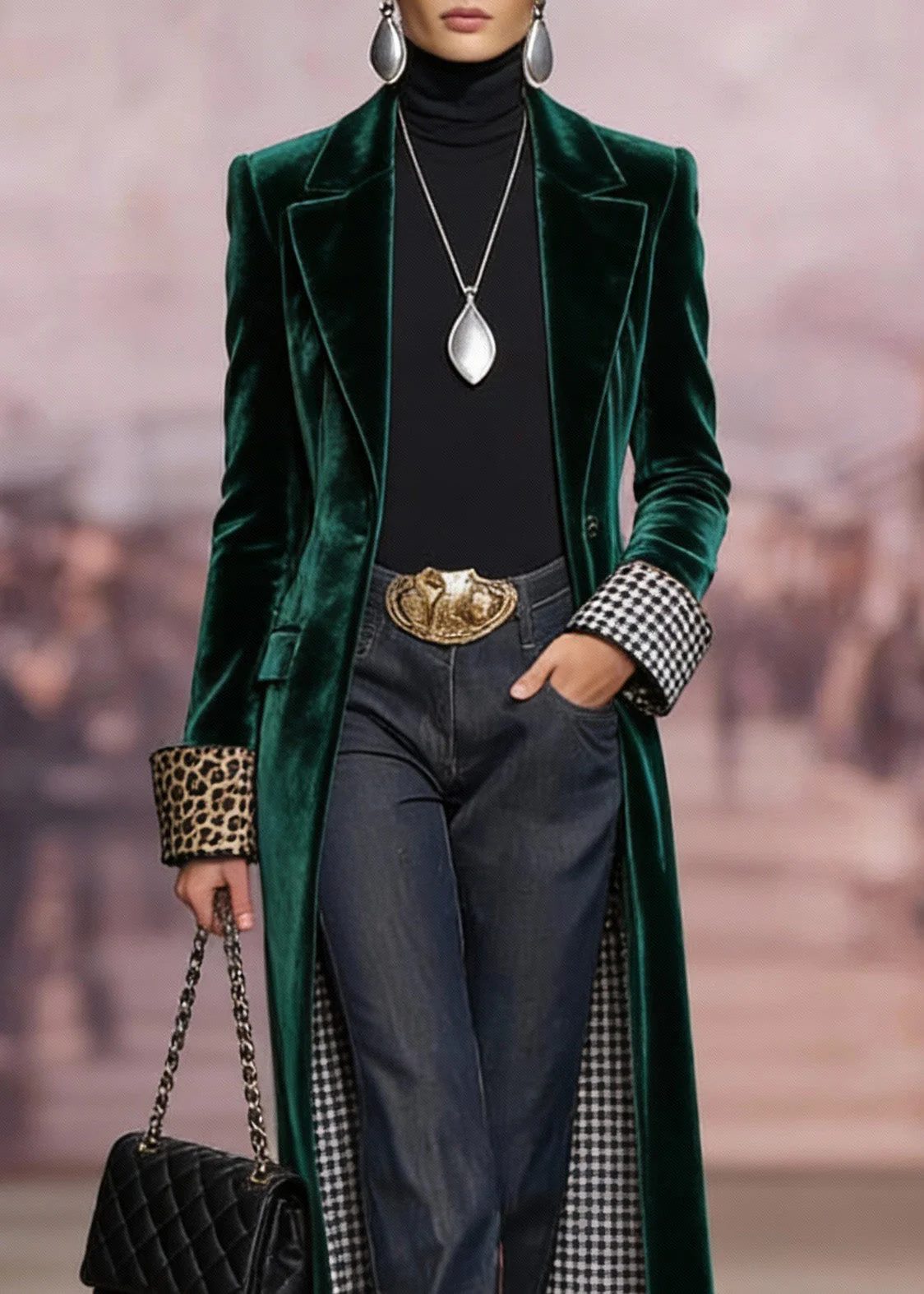 Women Green Peter Pan Collar Pockets Velvet Coat Spring - Image 2