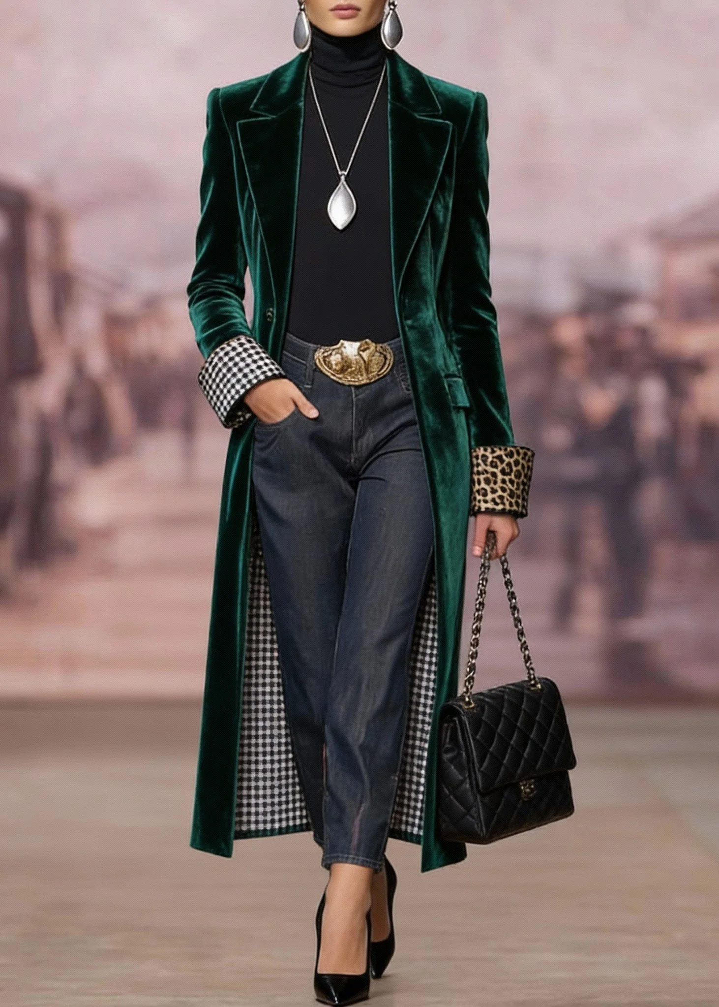Women Green Peter Pan Collar Pockets Velvet Coat Spring - Image 3