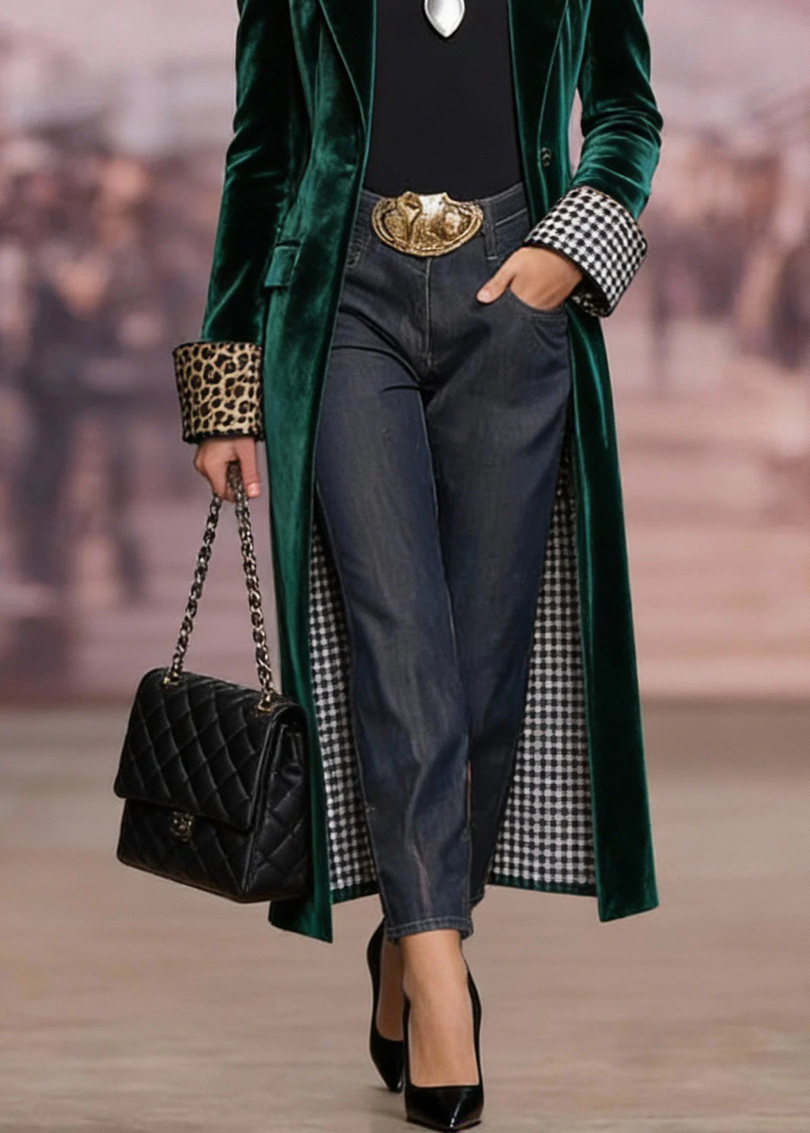 Women Green Peter Pan Collar Pockets Velvet Coat Spring - Image 4