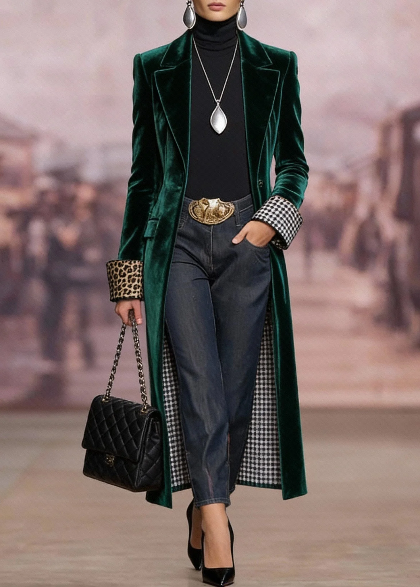 Women Green Peter Pan Collar Pockets Velvet Coat Spring - Image 5