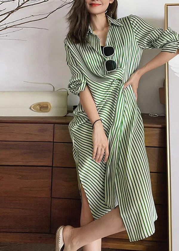 Women Green Peter Pan Collar Striped Cotton Shirts Dresses Fall - Image 2