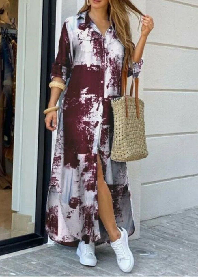 Women Green Peter Pan Collar Tie Dye Chiffon Shirts Dresses Long Sleeve - Image 2