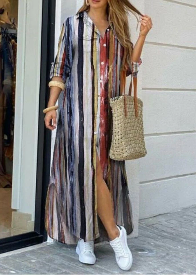 Women Green Peter Pan Collar Tie Dye Chiffon Shirts Dresses Long Sleeve - Image 5