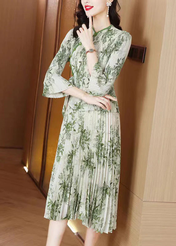 Women Green Print Chiffon Vacation Dresses Summer - Image 2