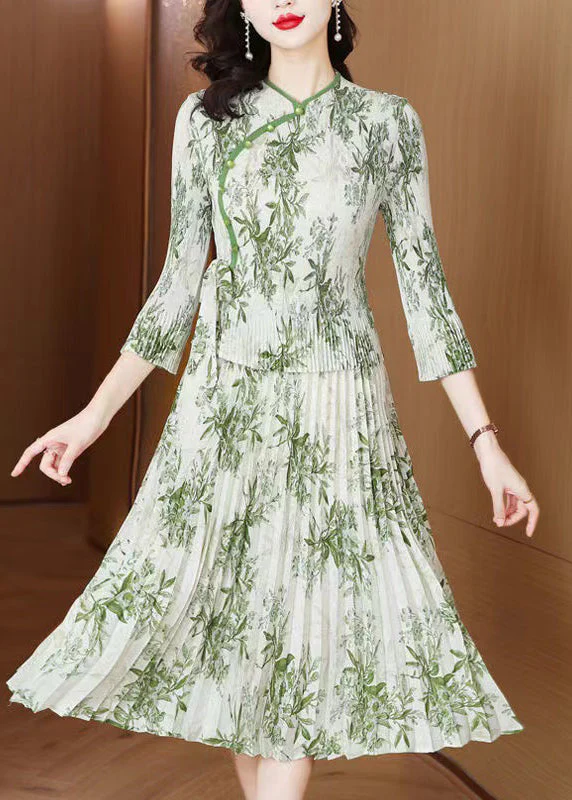 Women Green Print Chiffon Vacation Dresses Summer - Image 3