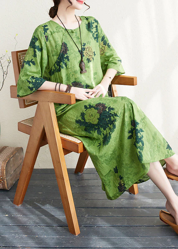 Women Green Print Chinese Button Linen A Line Dress Summer - Image 2