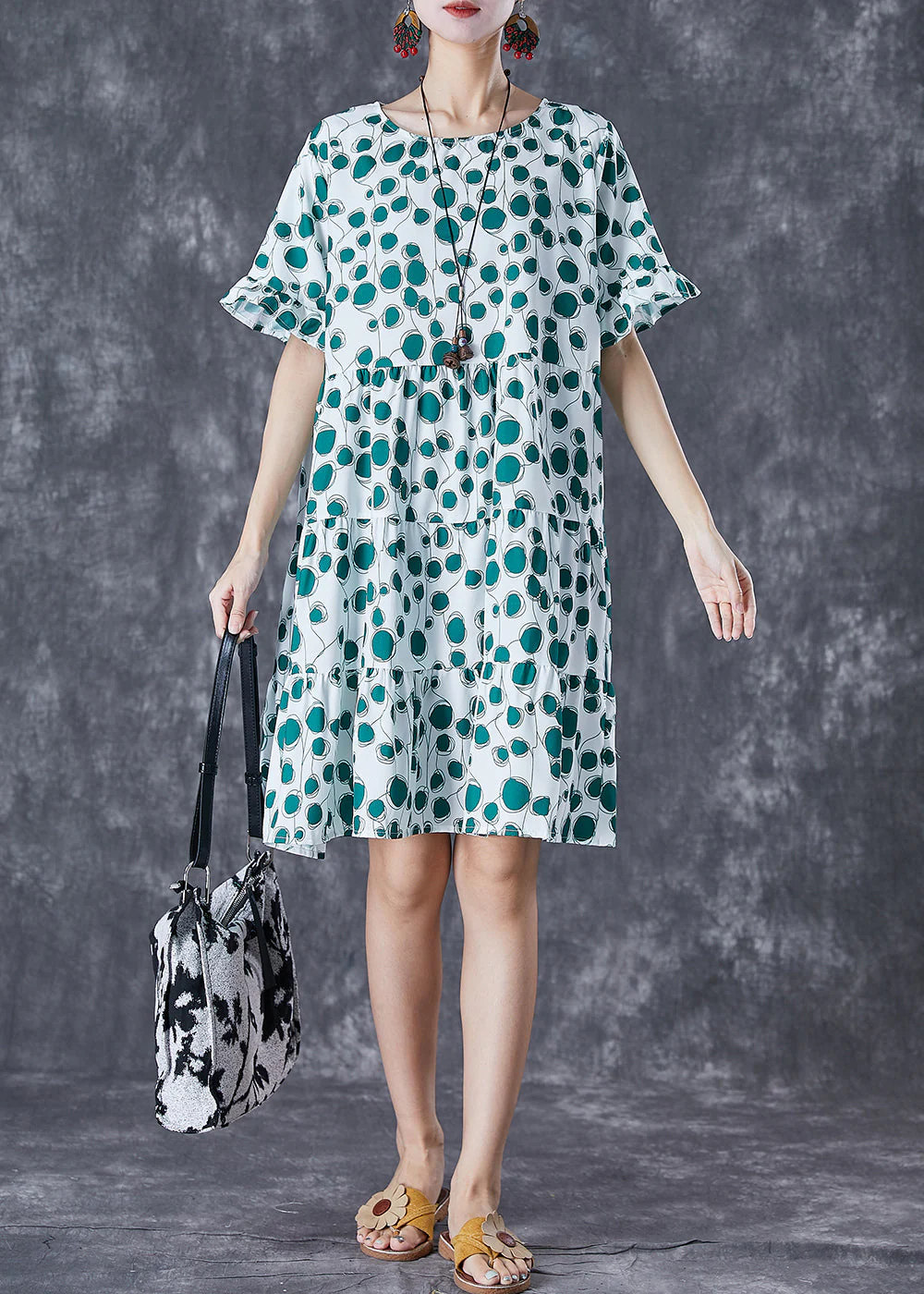 Women Green Print Patchwork Chiffon Maxi Dresses Summer - Image 2