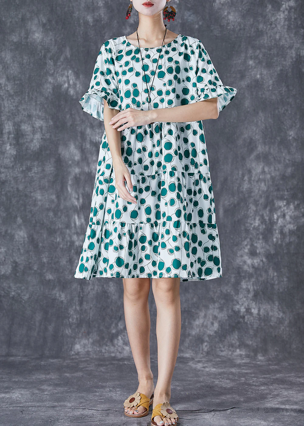 Women Green Print Patchwork Chiffon Maxi Dresses Summer - Image 3