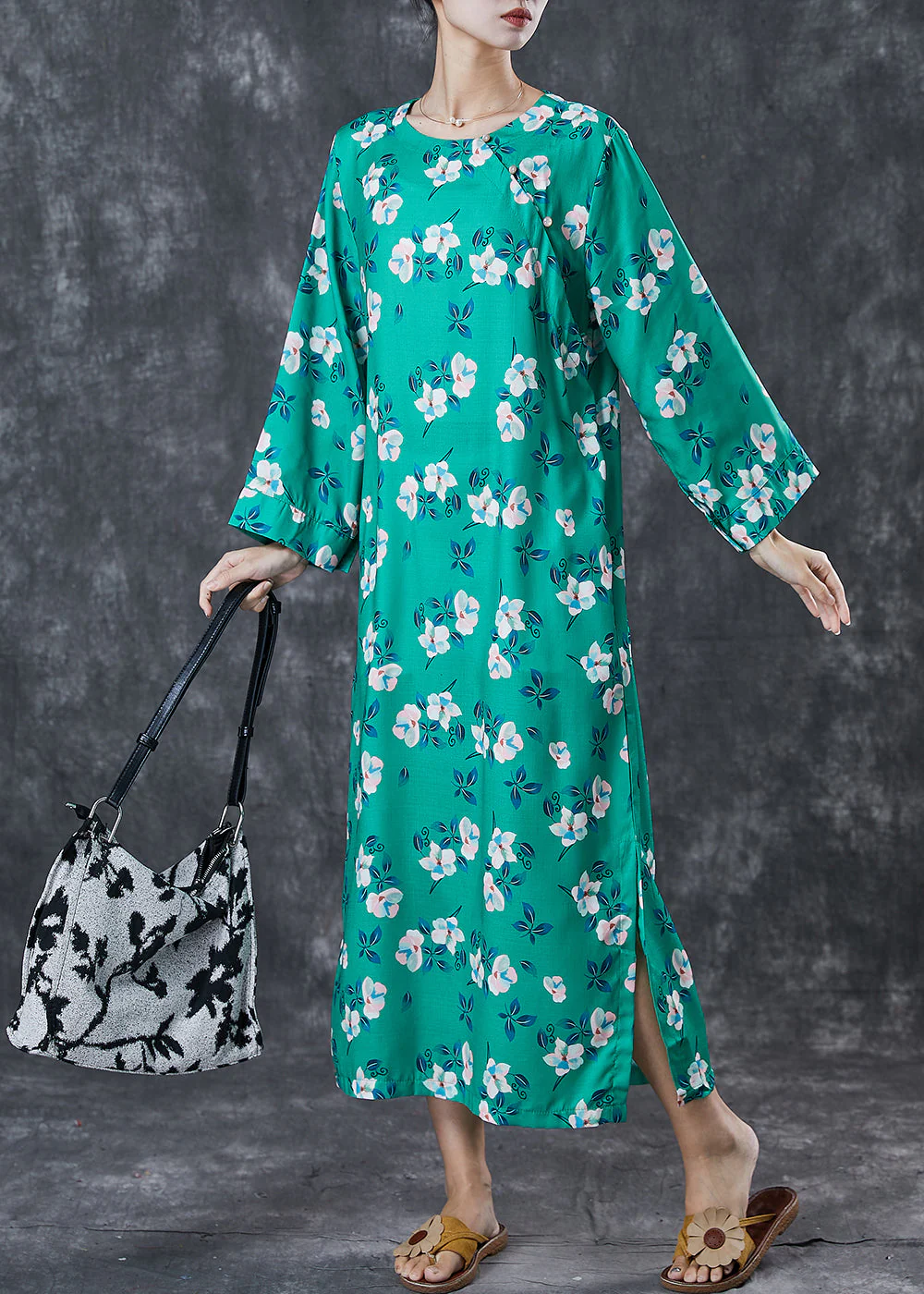 Women Green Print Side Open Cotton Long Dresses Spring - Image 3