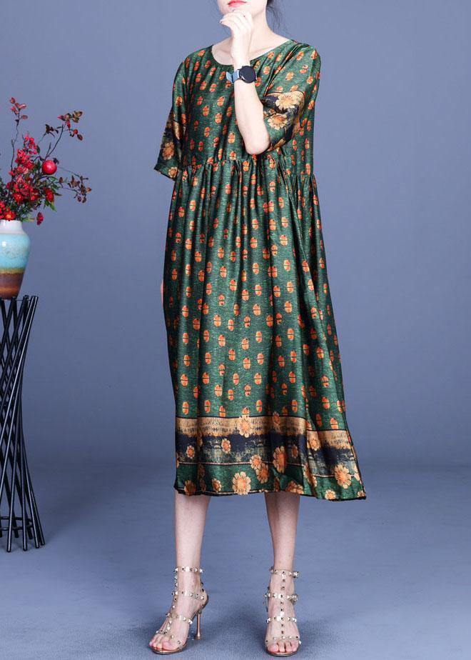 Women Green Print Silk Cinched Dress Summer - Image 2