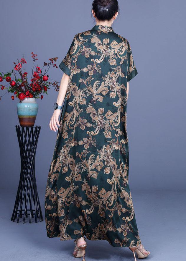 Women Green Print Silk Oriental Vacation Dresses Summer - Image 4