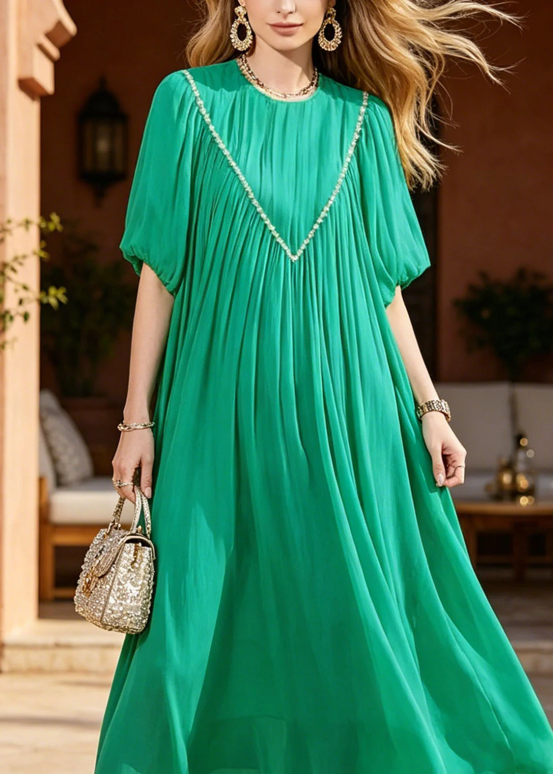 Women Green Puff Sleeve Nail Bead Chiffon Long Dresses - Image 2