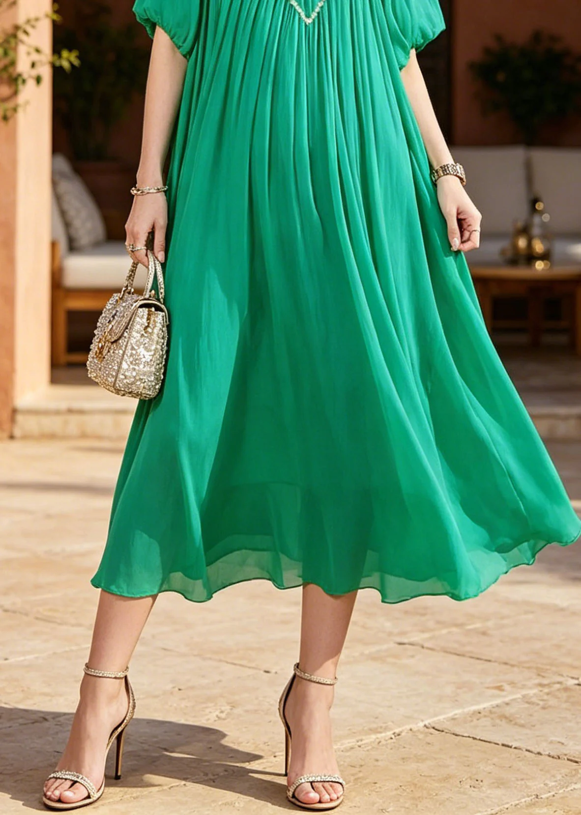 Women Green Puff Sleeve Nail Bead Chiffon Long Dresses - Image 4