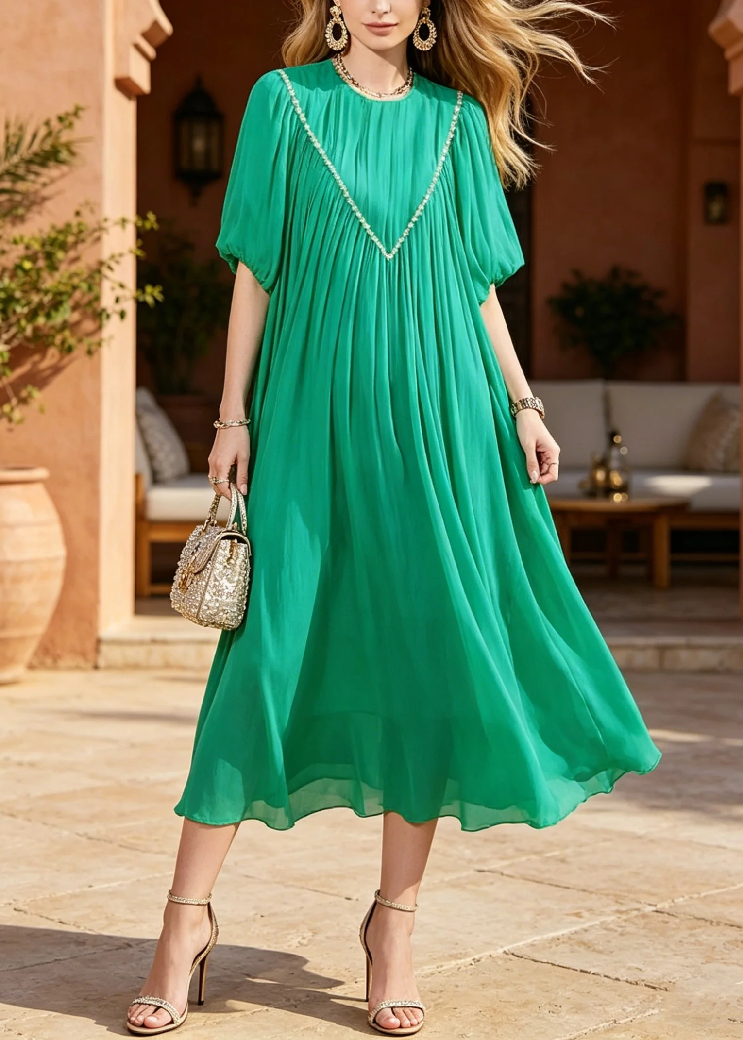 Women Green Puff Sleeve Nail Bead Chiffon Long Dresses - Image 5