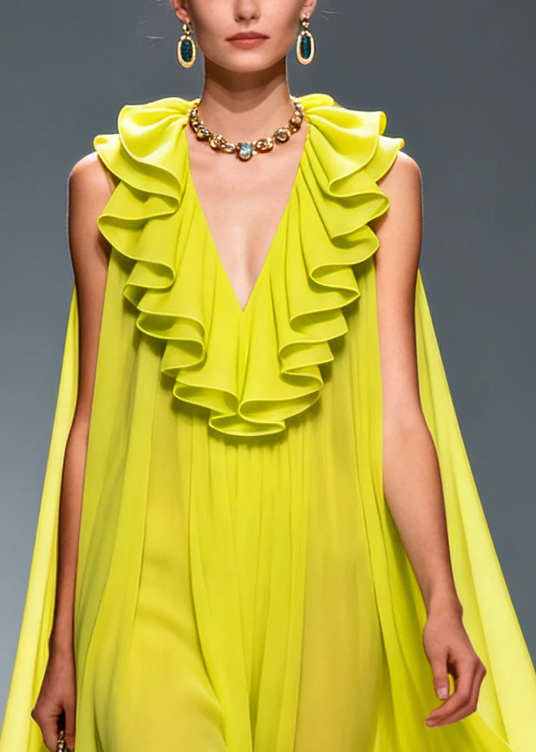 Women Green Ruffled Exra Large Hem Flower Chiffon Robe Dresses Summer - Image 2