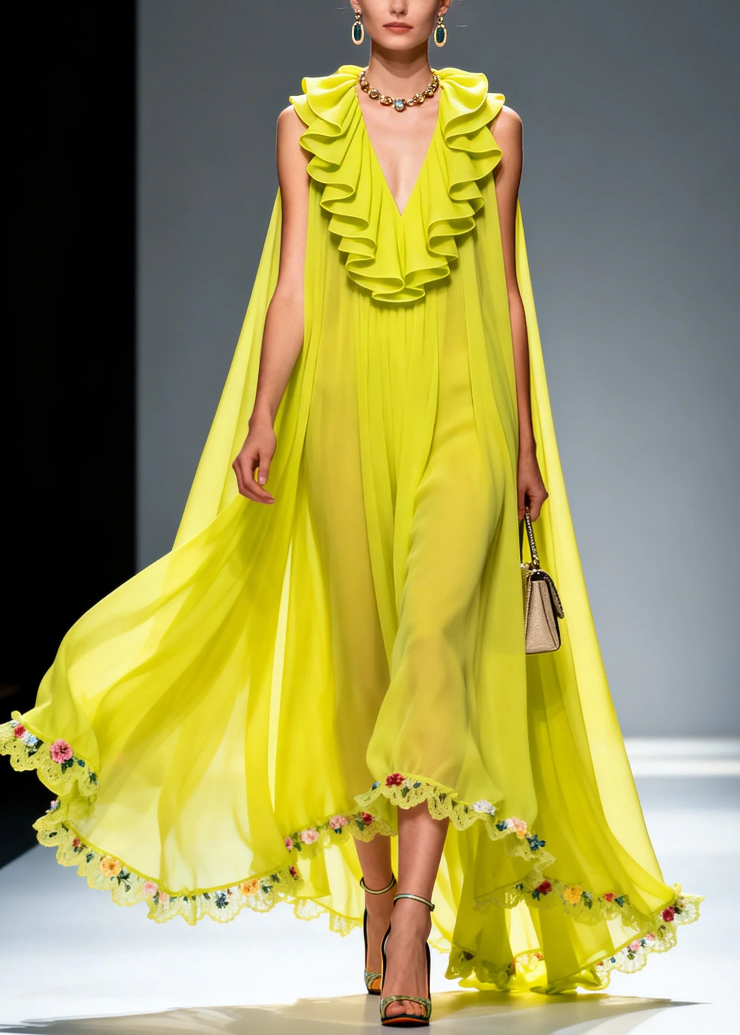 Women Green Ruffled Exra Large Hem Flower Chiffon Robe Dresses Summer - Image 3