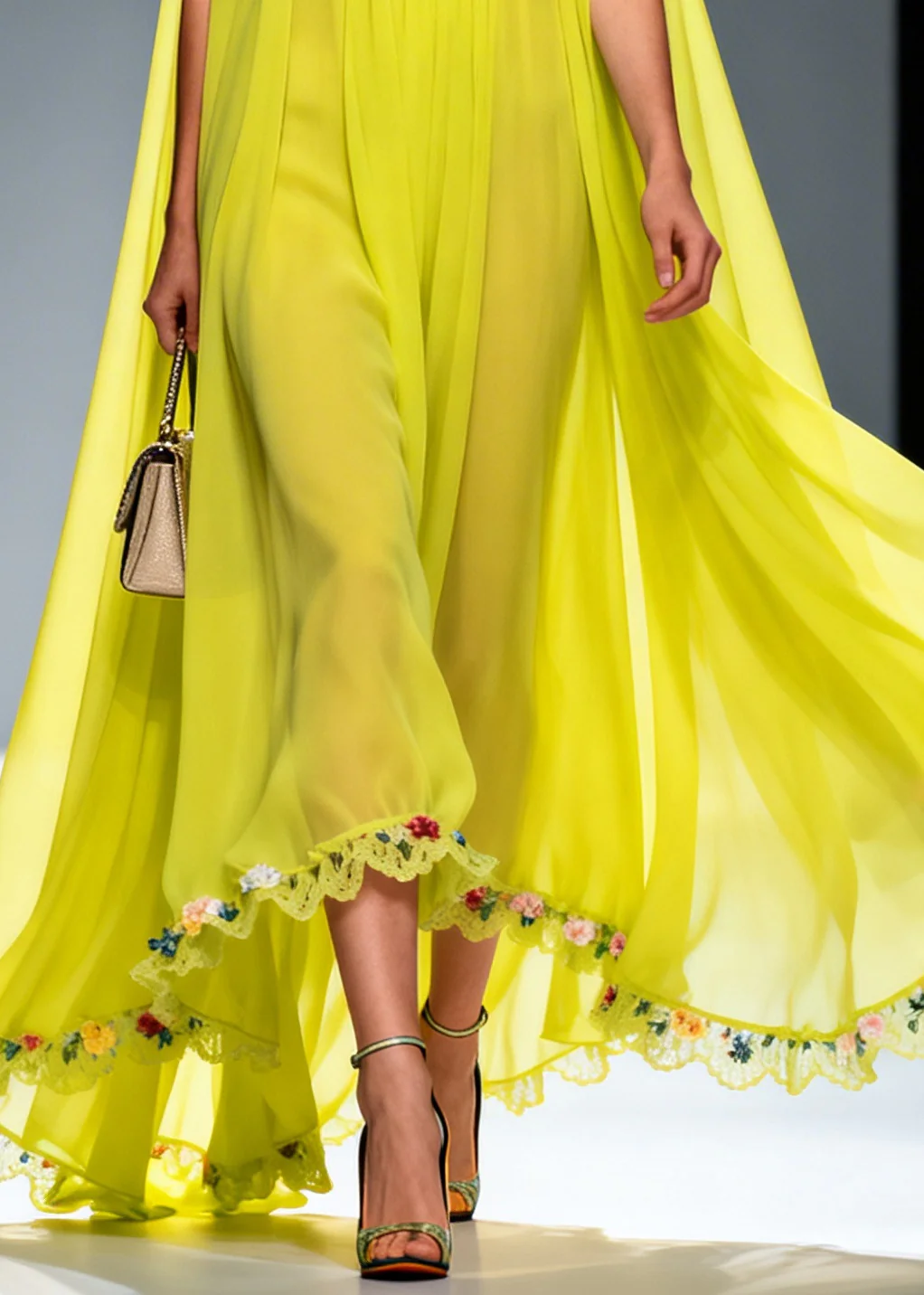 Women Green Ruffled Exra Large Hem Flower Chiffon Robe Dresses Summer - Image 4