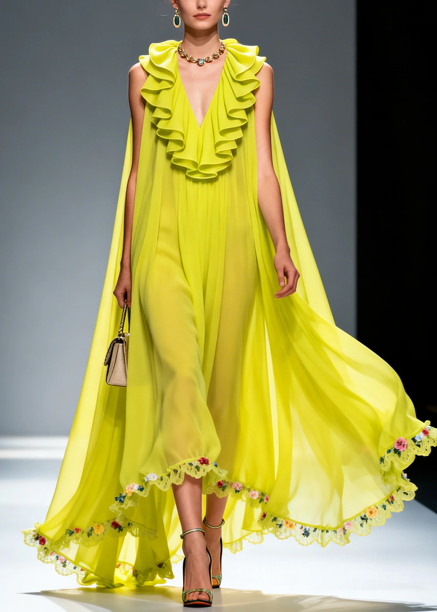 Women Green Ruffled Exra Large Hem Flower Chiffon Robe Dresses Summer - Image 5