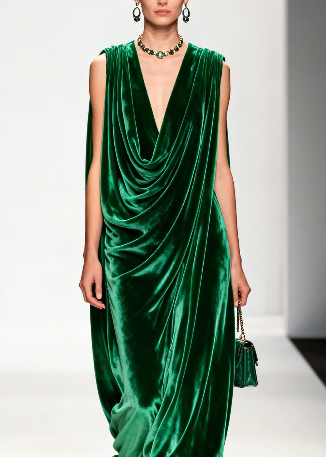 Women Green Ruffled Floral Patchwork Velvet Ankle Dress Sleeveless - Image 2