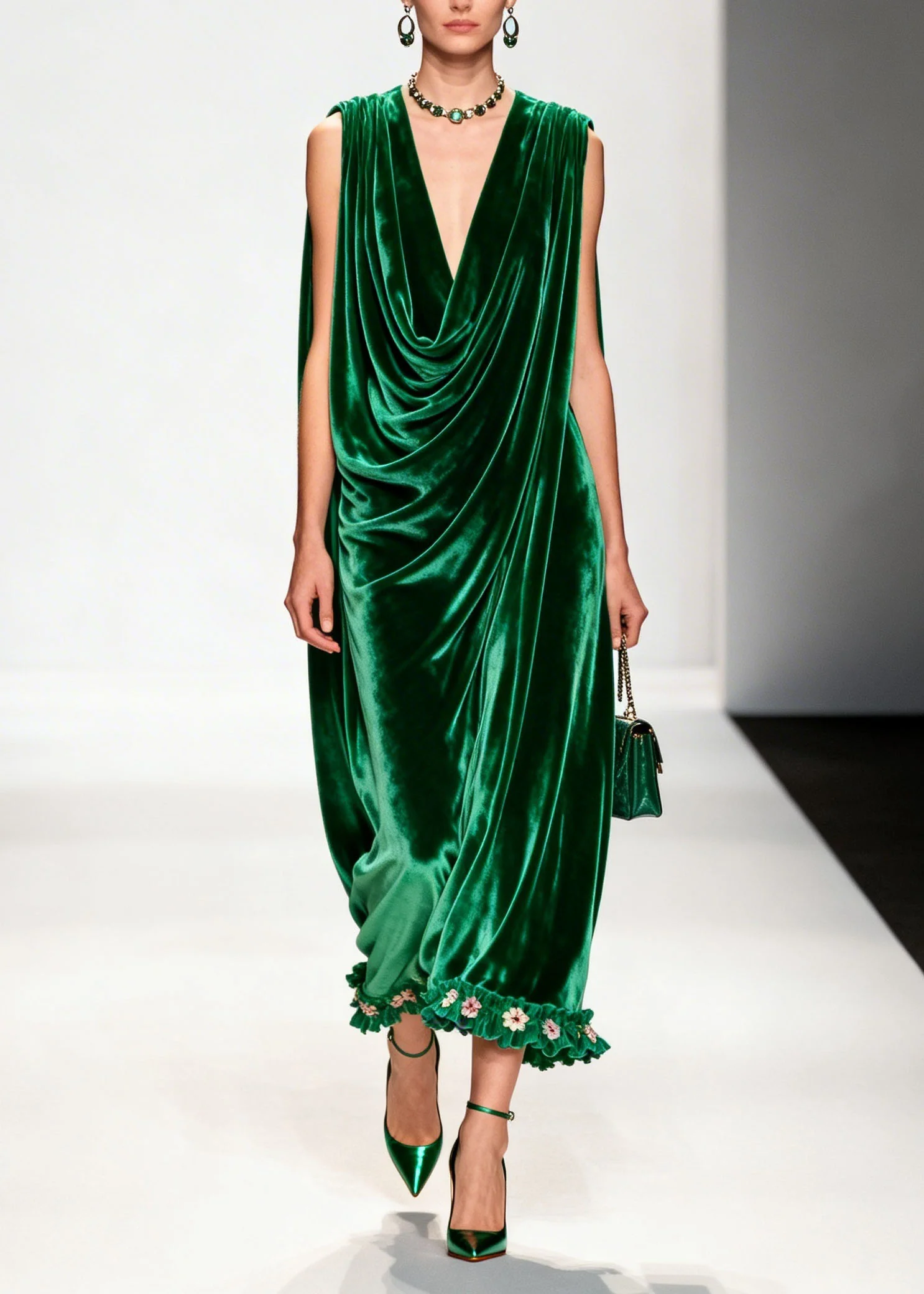 Women Green Ruffled Floral Patchwork Velvet Ankle Dress Sleeveless - Image 5