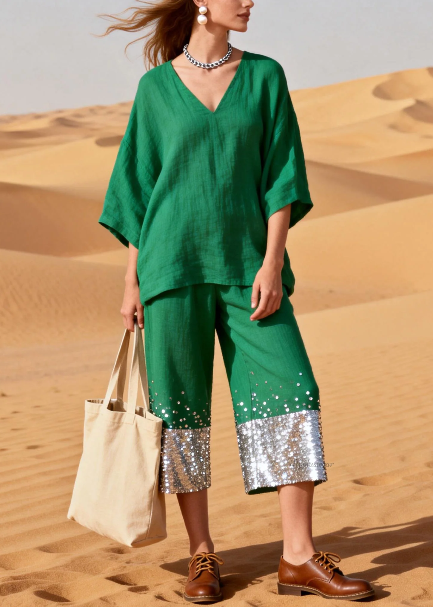 Women Green Sequins Patchwork Tops And Crop Pants Linen Two Pieces Set Half Sleeve - Image 3