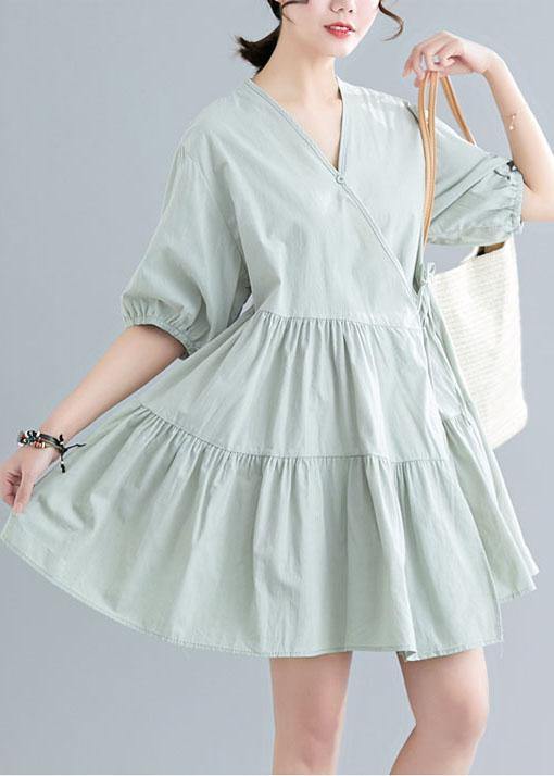 Women Green Short Sleeve A Line Dress Cotton - Image 2