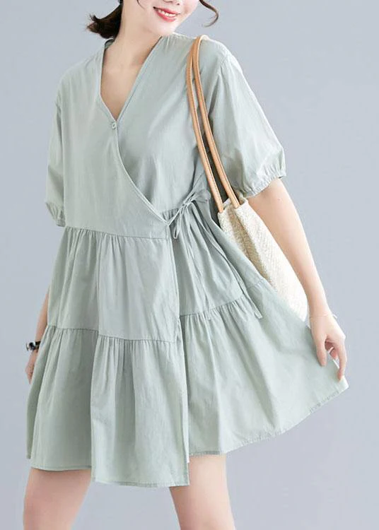 Women Green Short Sleeve A Line Dress Cotton - Image 3