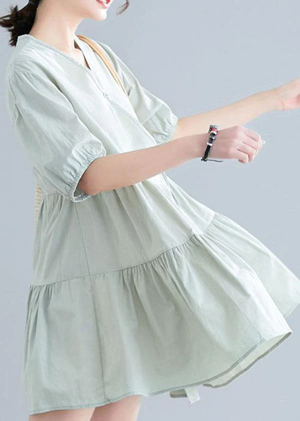 Women Green Short Sleeve A Line Dress Cotton - Image 4