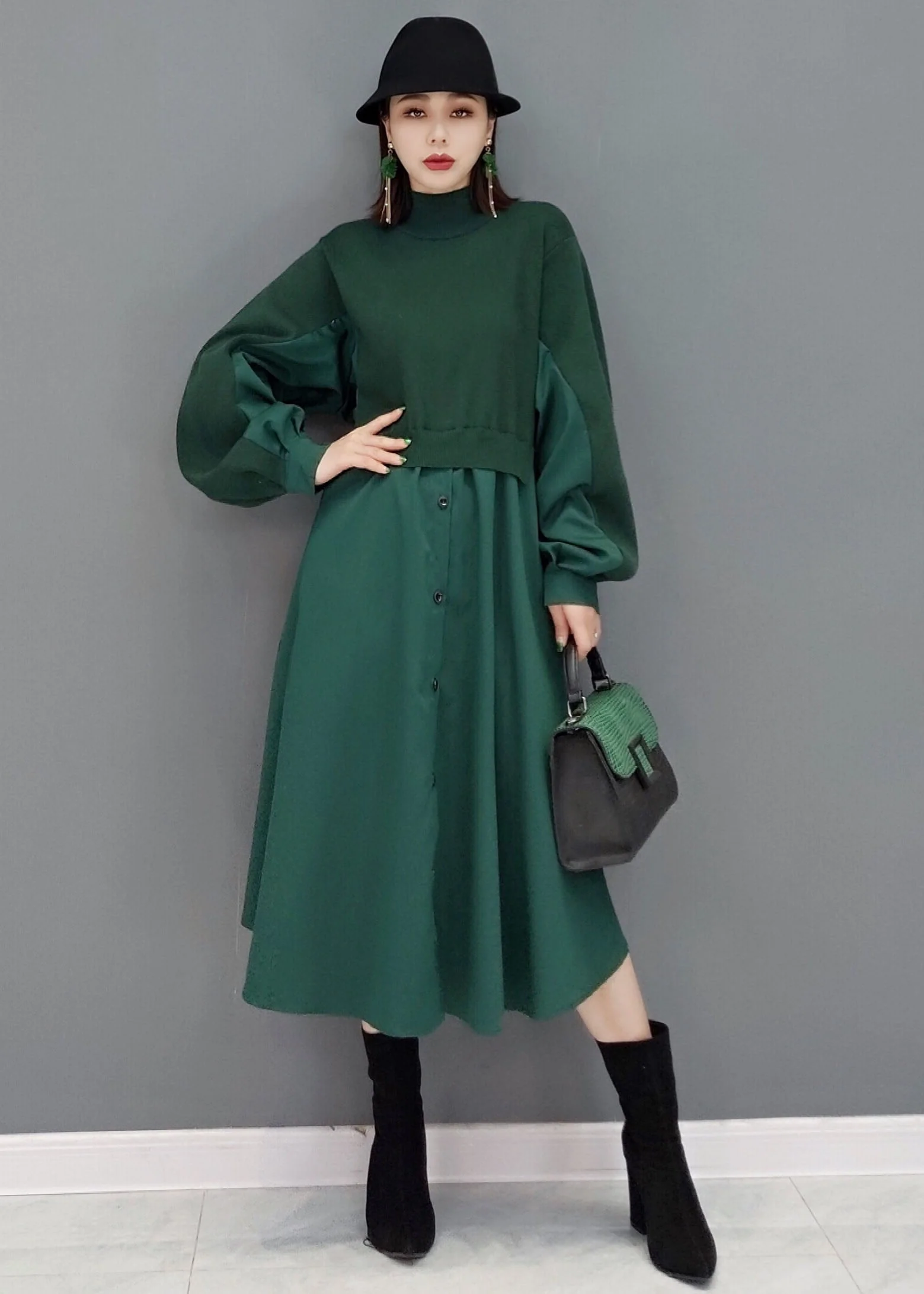 Women Green Stand Collar Patchwork Knit Cotton Shirt Dress Long Sleeve - Image 2
