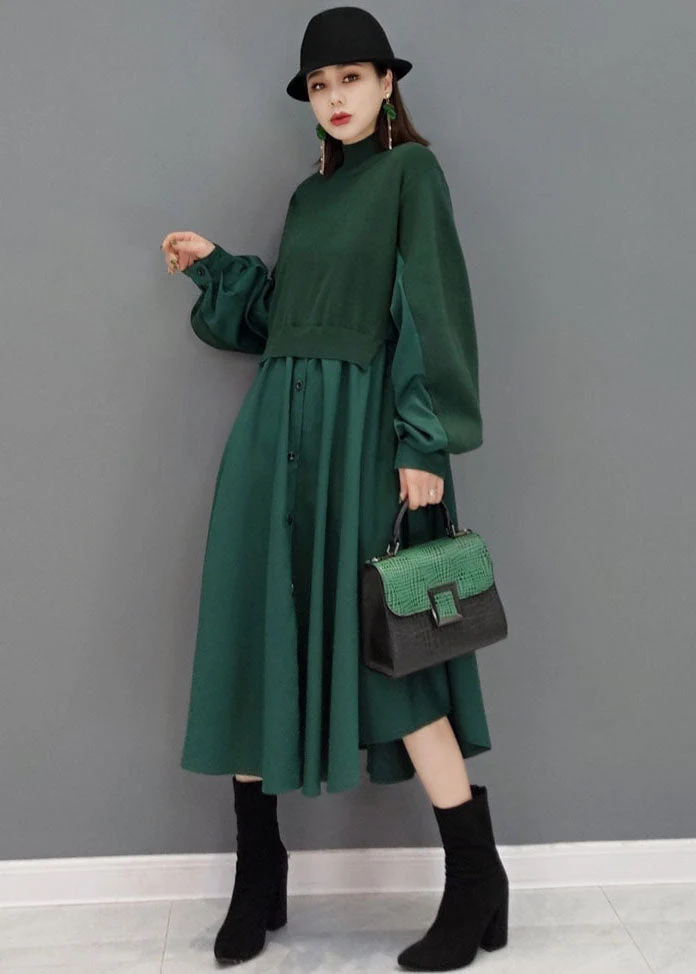 Women Green Stand Collar Patchwork Knit Cotton Shirt Dress Long Sleeve - Image 3