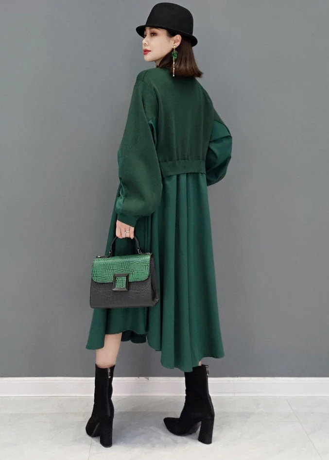 Women Green Stand Collar Patchwork Knit Cotton Shirt Dress Long Sleeve - Image 4