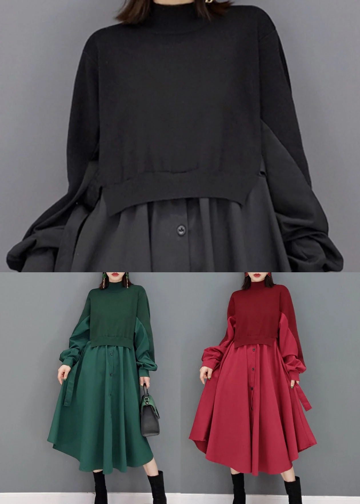 Women Green Stand Collar Patchwork Knit Cotton Shirt Dress Long Sleeve - Image 5