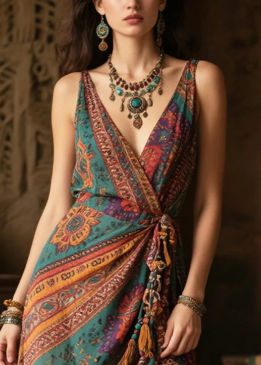 Women Green Tasseled Side Open Chiffon Vacation Dress Summer - Image 2