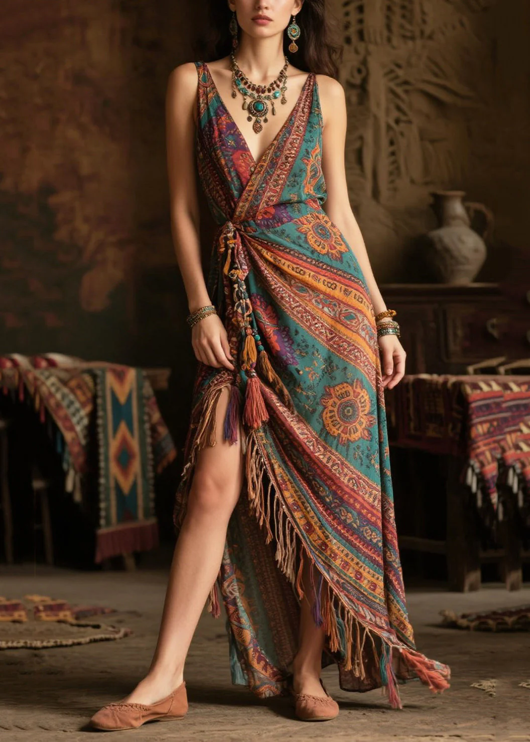 Women Green Tasseled Side Open Chiffon Vacation Dress Summer - Image 3